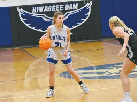Justin Fitzgerald/sports@cherokeescout.com Hiwassee Dam junior Kiera Taylor gets the offense in motion during the Lady Eagles’ 57-30 loss to Robbinsville on Feb. 9.