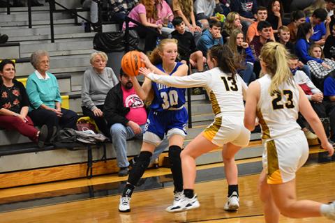 Justin Fitzgerald/sports@cherokeescout.com Hiwassee Dam’s Sydney Payne tries to get by Murphy’s Lochlan Rogers during the Lady Eagles’ 68-45 loss to the Lady Bulldogs on Thursday.