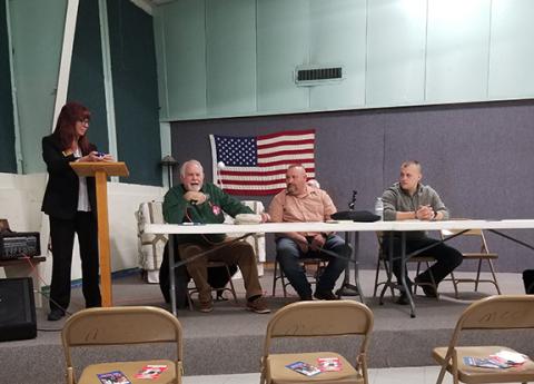 Kevin Puskar/Staff Correspondent Moderator Jan Griggs (from left) with Cherokee County political candidates John Midkiff, Ben Adams and Jason Murphy on Feb. 26 at the Martins Creek Community Center.