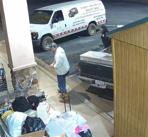 According to security camera footage, this man and woman backed their pickup to Logan’s Run Rescue Thrift Store in Murphy and began stealing donations on March 15.