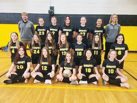 Members of the first Murphy Middle School girls soccer team ever are (front row, from left) Emerson Gibby, Leah Beebe, Ella Ledford, Tina Bui, Halie Hill; (middle row, from left) Cassidy Dockery, Addie Peterson, Kaydence Walton, Meika Petrilak, Deserae Ze- nobi, Brooklyn Johnson, Amelia Joyner; (back row, from left) head coach David Decker, Abbi Lovingood, Hayden Cunningham, Kianny Hernandez, Delilah Hartness, Josie Dorsey and assistant coach Calicity Kelley.