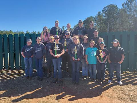 The Andrews Middle School and High School shooting teams will compete in the Youth Hunter Education Skills State Tournament on April 30. Both teams were at the District 9 tournament on March 19. Front row (from left) are Blane Gibson, Kaleb Smith, Jacob Hall, Landon Rose, Colton Rose, Sophie Roberts, Autumn Fowler, Sara Fowler, Mady Queen, Tyler Queen and Derrick Rowland. Back row (from left) are Mackenzie Stalcup, Dalton Rose, Carley Clark, Brayden Rowland, Jesse Hall and Jeremiah Creasman.