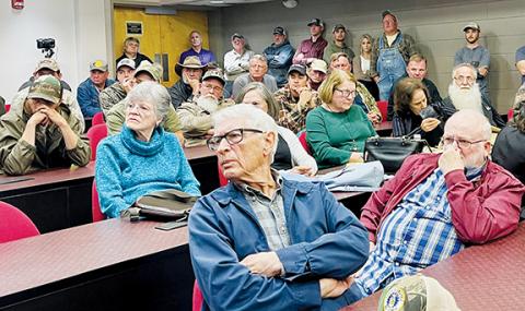 Randy Foster/news@cherokeescout.com A crowd of about 50 people attended a public meeting at Tri-County Community College in Peachtree on April 5 to learn more about a proposal to allow permitted bear hunting in three western North Carolina bear sanctuaries.