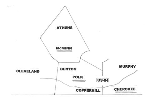 This writer’s map is for illustration purposes only, not to scale. Historic marker on the site of gun battle in Athens.