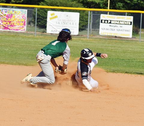Justin Fitzgerald/sports@cherokeescout.com Murphy’s Kellen Rumfelt tries to avoid the tag of Eastern Randolph’s Alex Kivett during the Bulldogs’ 6-1 loss to the Wildcats on May 10.