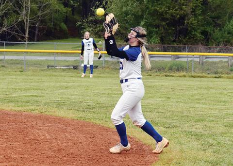 Justin Fitzgerald/sports@cherokeescout.com Hiwassee Dam’s Sky Taylor watches the ball into her glove during the Lady Eagles’ 4-3 win over Murphy on April 26.