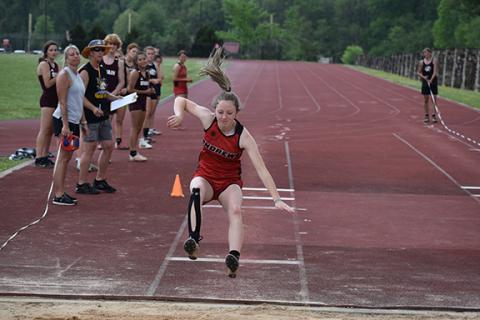 Photos by Justin Fitzgerald/sports@cherokeescout.com Andrews’ freshman Kylie Donaldson placed second in the long jump. She also stuck her landing in the triple jump.