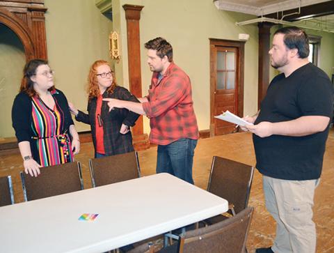Veteran director Cory Cheeks blocks the action for the dinner theatre production, Murder on the Menu. From left are Lady Leah Wood, Melissa Haskill, Cory Cheeks and Philip Deckle.
