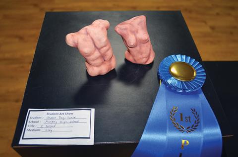 Photos by Abigail Hickman/Staff Correspondent Guenevere Day-Turse of Murphy High School won Mike Lalone’s $500 scholarship at the Cherokee County Arts Council’s Spring Student Art Show in April with her clay sculptures titled “2 Torsos.”