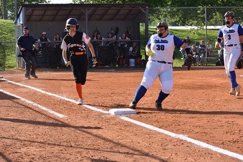 Hiwassee Dam’s Allison Stiles steps on the bag during the Lady Eagles 15-5 win over Rosman on May 10.