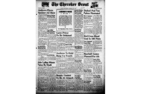 This is the front page of the July 3, 1952, edition of the Cherokee Scout, which was 70 years ago this week.