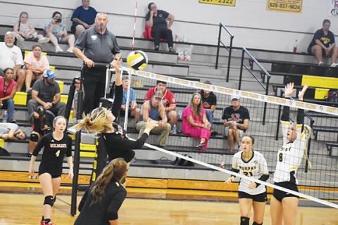 Justin Fitzgerald/ sports@cherokeescout.com Andrews Rylie McDonald tries to hit the ball over Murphy’s Julia Dockery (8) during the Lady Bulldogs’ 3-0 win over the Lady Wildcats on Thursday.