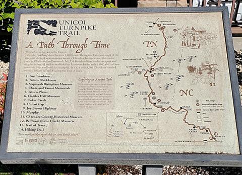 A Unicoi Trail historical marker, “A Path Through Time” outside the Charles Hall Museum in Tellico Plains, Tenn.
