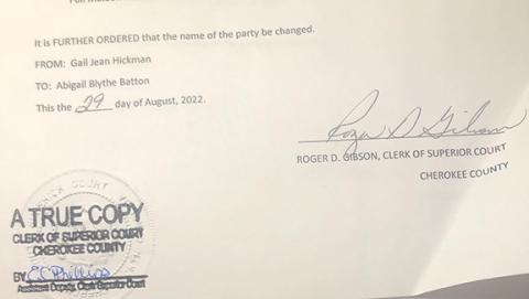 Abigail Blythe Batton/Staff Correspondent A picture of the official document changing my last name from the old to the new.