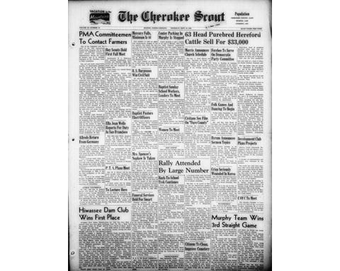 This is the front page of the Sept. 18, 1952, edition of the Cherokee Scout, which was 70 years ago this week.