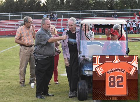 Justin Fitzgerald/sports@cherokeescout.com Andrews athletics retired the No. 82 jersey of Butch Sursavage prior to the Wildcats’ home football game against North Georgia on Friday night. Sursavage, who graduated from Andrews High School in 1964, helped the Wildcats win the Class A Region 4 championship in 1963. He went on to play at Clemson University, where he was named first team-All Atlantic Coast Conference in 1965 and 1966, helping the Tigers win three straight conference titles from 1965-67.