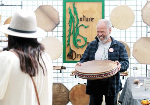 Jared Putnam/editor@cherokeescout.com Doug Rarden of Nature Spirit Drums demonstrates ones of his instruments during the 46th annual Fall Festival on Sunday at John C. Campbell Folk School.