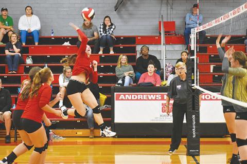 Justin Fitzgerald/sports@cherokeescout.com Andrews Beth Shook tries to hit the ball over the net during the Lady Wildcats’ 3-0 loss to Hayesville on Sept. 27.