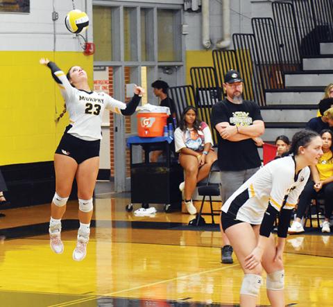 Justin Fitzgerald/sports@cherokeescout.com Murphy volleyball senior Liv Payne (serving) was named Co-Big Smoky Mountain Conference Player of the Year.
