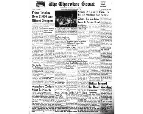 This is the front page of the Nov. 13, 1952, edition of the Cherokee Scout, which was 70 years ago this week.