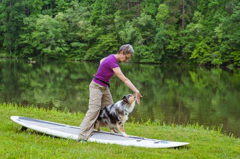 Lisa Waggoner uses hand targeting to teach Willow where to stand (between her legs) on the standup paddle board, which increases stability while paddling together.