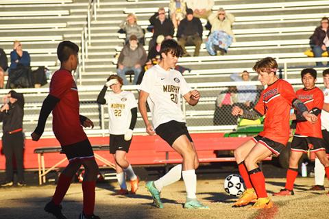 Justin Fitzgerald/sports@cherokeescout.com Murphy’s Joey Gibby and Andrews O’Malley Salinas battle for the ball during the Bulldogs’ 4-0 win over the Wildcats on Oct. 26.
