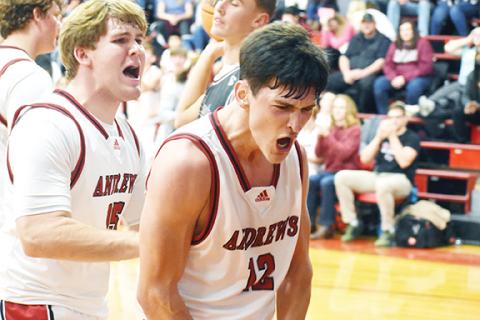 Justin Fitzgerald/sports@cherokeescout.com Andrews’ Donovan Bateman celebrates an “and-one” during the Wildcats’ 61-50 win over Swain County on Dec. 13.