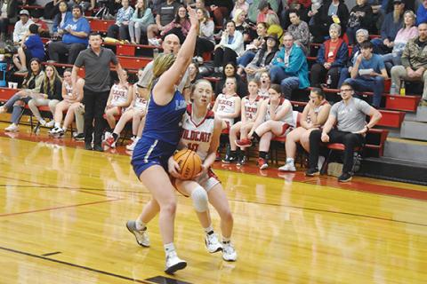 Justin Fitzgerald/sports@cherokeescout.com Andrews sophomore Kylie Donaldson braces for contact during the Lady Wildcats’ 62-48 loss to Hiwassee Dam on Dec. 6.