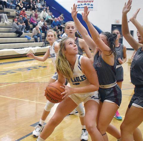 Justin Fitzgerald/sports@cherokeescout.com Hiwassee Dam’s Olivia McNabb looks for an angle to get off a shot during the Lady Eagles’ 50-45 loss to Swain County on Friday. McNabb finished with a game-high 19 points.