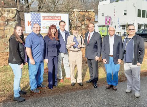 Anngee Quinones-Belian/Staff Correspondent  From left are Danna Pash of Cherokee County Veterans Services Office, Commissioner Ben Adams, Commissioner Jan Griggs, state Sen. Kevin Corbin, Oscar Valdes, U.S. Rep. Chuck Edwards, Commissioner Cal Stiles and Rick Millett of Veterans Services.