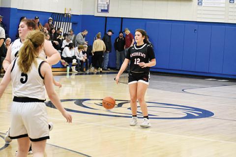 Justin Fitzgerald/sports@cherokeescout.com Andrews’ Kinleigh Queen gets the ball up court during the Lady Wildcats’ 53-26 win over Nantahala on Jan. 16.