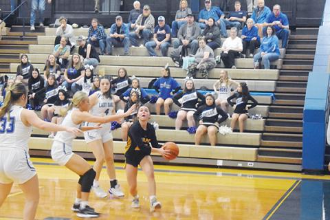 Justin Fitzgerald/ sports@cherokeescout.com Murphy’s Cayla Geer goes to the paint for a layup during the Lady Bulldogs’ 63-59 win over Hiwassee Dam on Jan. 4,