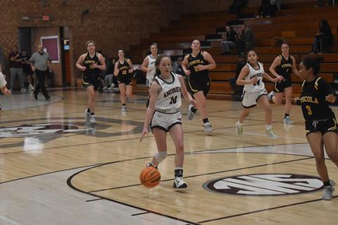 Justin Fitzgerald/sports@cherokeescout.com Andrews Kylie Donaldson dribbles into the paint during the Lady Wildcats’ 49-44 loss to Tuscola on Dec. 28.