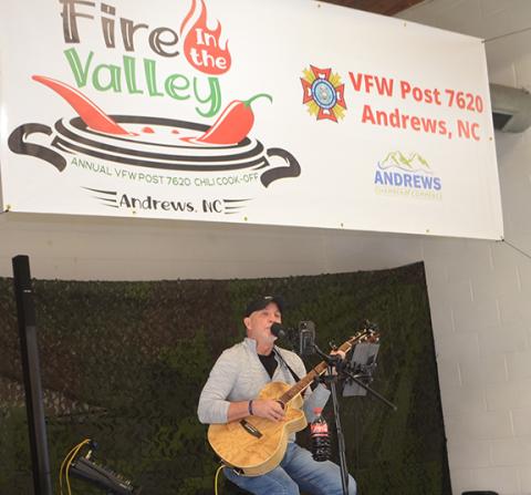 Photos by Abigail Blythe Batton/Staff Correspondent Bill Vespasian entertains the chili-eating crowd during the annual Fire in the Valley chili cook-off hosted on Jan. 21 by Veterans of Foreign Wars Post 7620 in Andrews. Read the article in the Jan. 25 edition of the Cherokee Scout.