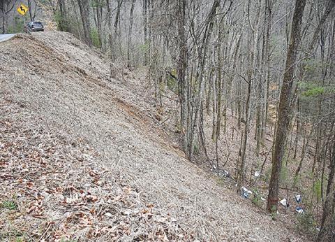 Randy Foster/editor@cherokeescout.com  A daytime photo shows debris from a Feb. 13 crash (lower right) and Joe Brown Highway (upper left) near where the vehicle left the road on Feb. 13.