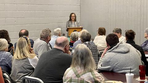 Randy Foster/editor@cherokeescout.com Ariane Reeves, director at large and volunteer chairperson, lists needs for the Valley River Humane Society during a meeting in Murphy on Feb. 8, one week after executive director Kirsty Waller’s sudden death.