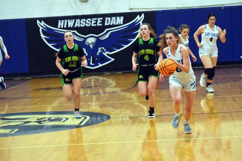 Justin Fitzgerald/sports@cherokeescout.com Hiwassee Dam’s Kiera Taylor pushes the ball up court during the Lady Eagles’ 87-69 win over Blue Ridge on Thursday. Taylor had a game-high 27 points in what’s almost certainly her final game at “The Nest.”