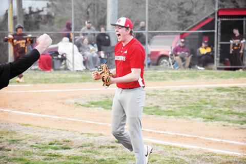 Justin Fitzgerald/sports@cherokeescout.com Andrews Braxton Rickett was fired up after getting the final out of his team’s 11-10 win over Cherokee on March 16. The win was the Wildcats’ first in baseball since 2021.