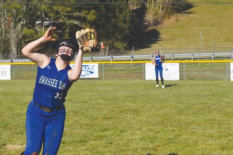 Justin Fitzgerald/sports@cherokeescout.com Hiwassee Dam’s Sky Taylor hangs on to make the catch in foul territory during the Lady Eagles’ 12-8 loss to Copper Basin on Thursday. 