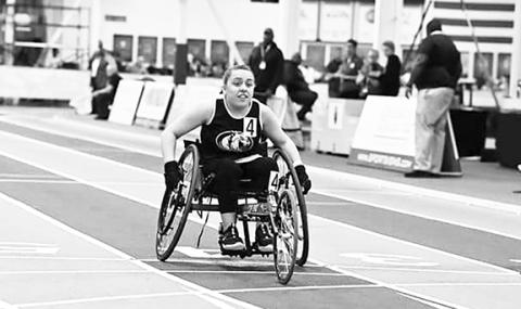 Jeff Sides/NC Milesplit Murphy junior Jordan Oliver won state titles in both the 55-meter wheelchair dash and wheelchair shot put during the N.C. High School Athletic Association 1A/2A Indoor Track Championships on Feb. 11.