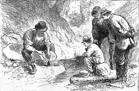 A Harper’s Weekly illustration depicting panning for gold in Georgia during the Dahlonega gold rush.