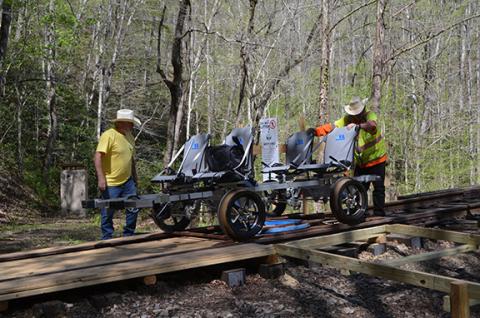 Abigail Blythe Batton/Staff Correspondent   Flagman Jack Roberson and engineer Rick Lapolla get the rail bikes into position at the turnaround in the Valley River Tunnel. See the video on cherokeescout.com.