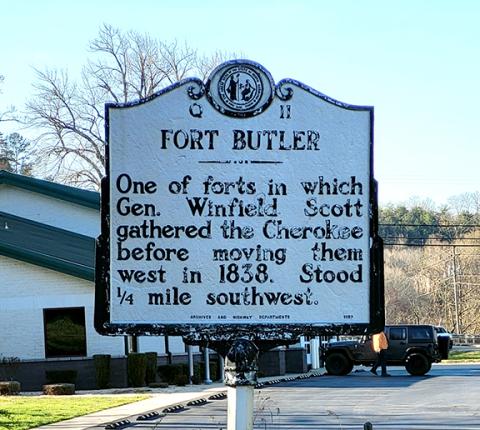 This state erected historical marker for Fort Butler stands near the Murphy Fire Department, but it is not on the exact location of the fort.