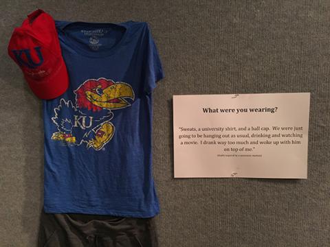 An item of clothing worn by a rape survivor the day she was raped as part of the ‘What Were You Wearing Art Installation’ at Kansas University.
