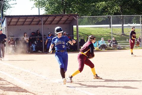 Justin Fitzgerald/sports@cherokeescout.com Hiwassee Dam’s Kiera Taylor is thrown out at first during the Lady Eagles’ 12-1 win over Cherokee on May 2. Hiwassee Dam lost to Elkin 6-0 in the first round of the state playoffs on May 9, ending the career of Taylor and two other senior players.