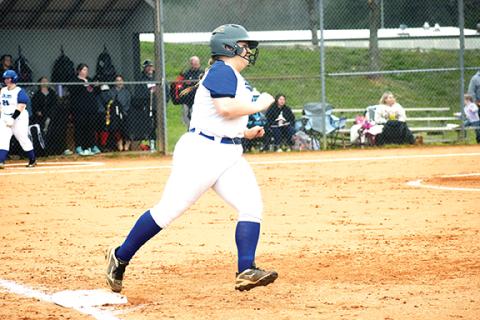 Justin Fitzgerald/sports@cherokeescout.com Hiwassee Dam’s Allison Stiles rounds first base during the Lady Eagles’ 13-0 win over Andrews on March 28.