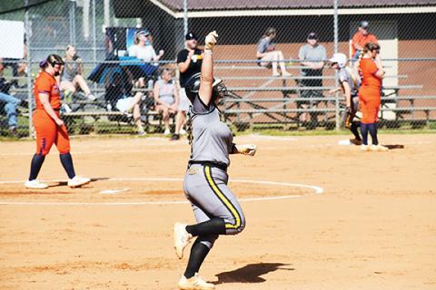 Justin Fitzgerald/sports@cherokeescout.com Murphy’s Jersey Schwalm was excited after smacking a three-run homer during the Lady Bulldogs’ 11-5 loss to Starmount on May 9.