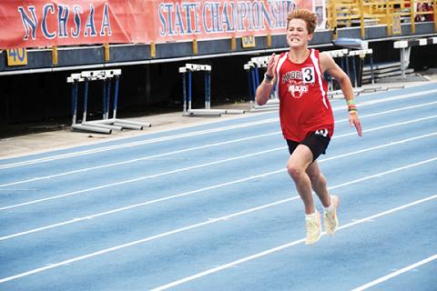 Justin Fitzgerald/sports@cherokeescout.com Andrews O’Malley Salinas left it all on the track down the home stretch of the boys 3,200-meter run at the 1A Track & Field State Championships on Friday. Salinas finished third in the event, achieving his goal of breaking 10 minutes.