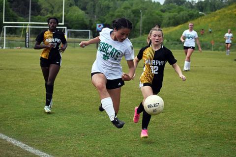 Justin Fitzgerald/sports@cherokeescout.com Murphy’s Leah Beebe tries to catch up with the ball during the Lady Bulldogs’ 0-0 draw with Blue Ridge on May 10.