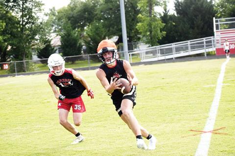 Photos by Justin Fitzgerald/sports@cherokeescout.com Andrews’ Graham Burch hauls in a pass during a drill at home during a 7-on-7 scrimmage against Franklin on Thursday.